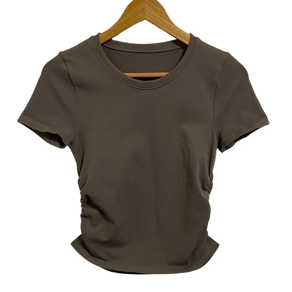 OQQ Ruched Side Short Sleeve Tee Brown Athletic‎ Coachella Festival Bodycon M